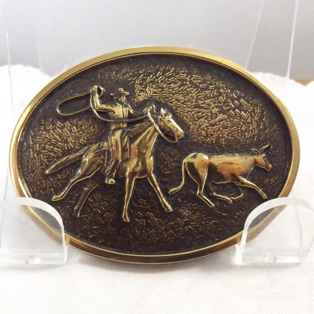 Sunset Brass Cowboy and Steer Roping Belt Buckle